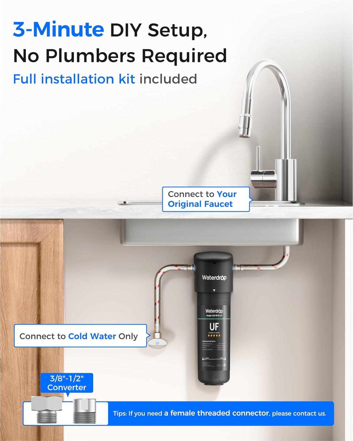Waterdrop 10UA-UF 0.01 μm Ultra Filtration Under Sink Water Filter System, 1 Year, Reduces Lead, Chlorine, Bad Taste & Odor