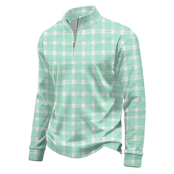 Men's Plaid Waffle Knit Sweatshirt Quarter Zip Pullover Stand Collar Long Sleeve Loose Fit Casual Sweatshirt For Fall Winter Daily Wear, L