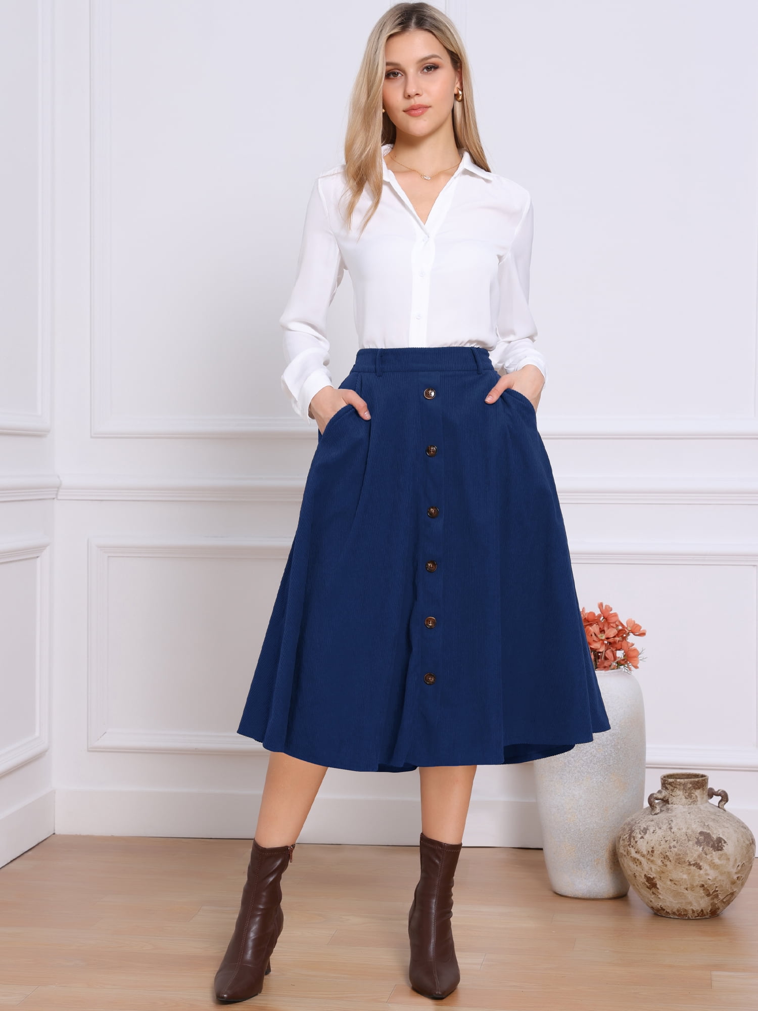 DARING DIVA Women's High Waist A Line Midi Skirts with Pockets Medium Dark Blue