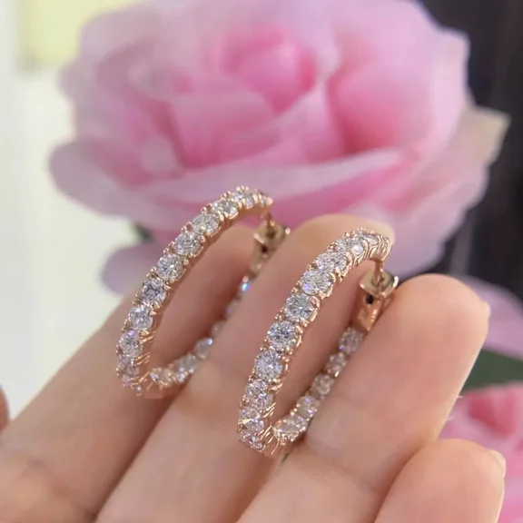 Women's 2 CT Round Cut Moissanite Inside Out Hoop Earrings 14K Rose Gold Plated