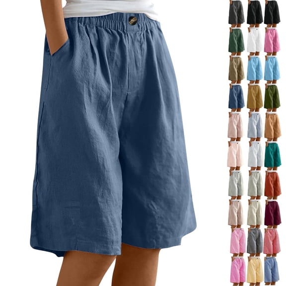 Linen Bermuda Shorts for Women Knee Length Wide Leg Ladies Petite Casual Summer Long Shorts 10" Inseam