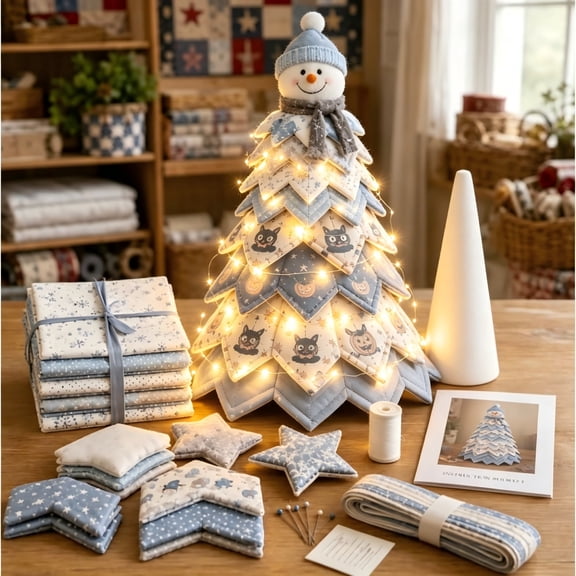 DIY Quilted Santa Christmas Tree Kit with Warm Glow Lights, Handmade Fabric Tabletop Holiday Decor with Character Topper for Mantel Shelf