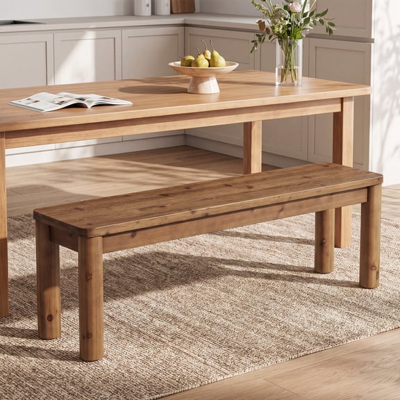 55-Inch Solid Wood Dining Bench, Farmhouse Kitchen Bench with Round Legs, Wooden Entryway Bench for Dining Room, Bedroom, Hallway, Living Room & Front Entry