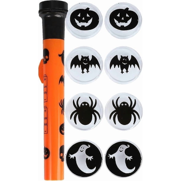 HALLOWEEN PROJECTOR TORCH - PACK OF 1 - ORANGE AND BLACK TORCH DECORATED WITH HALLOWEEN SYMBOLS + 5 SPOOKY CHARACTER CAPS - FUN HALLOWEEN PARTY PROP
