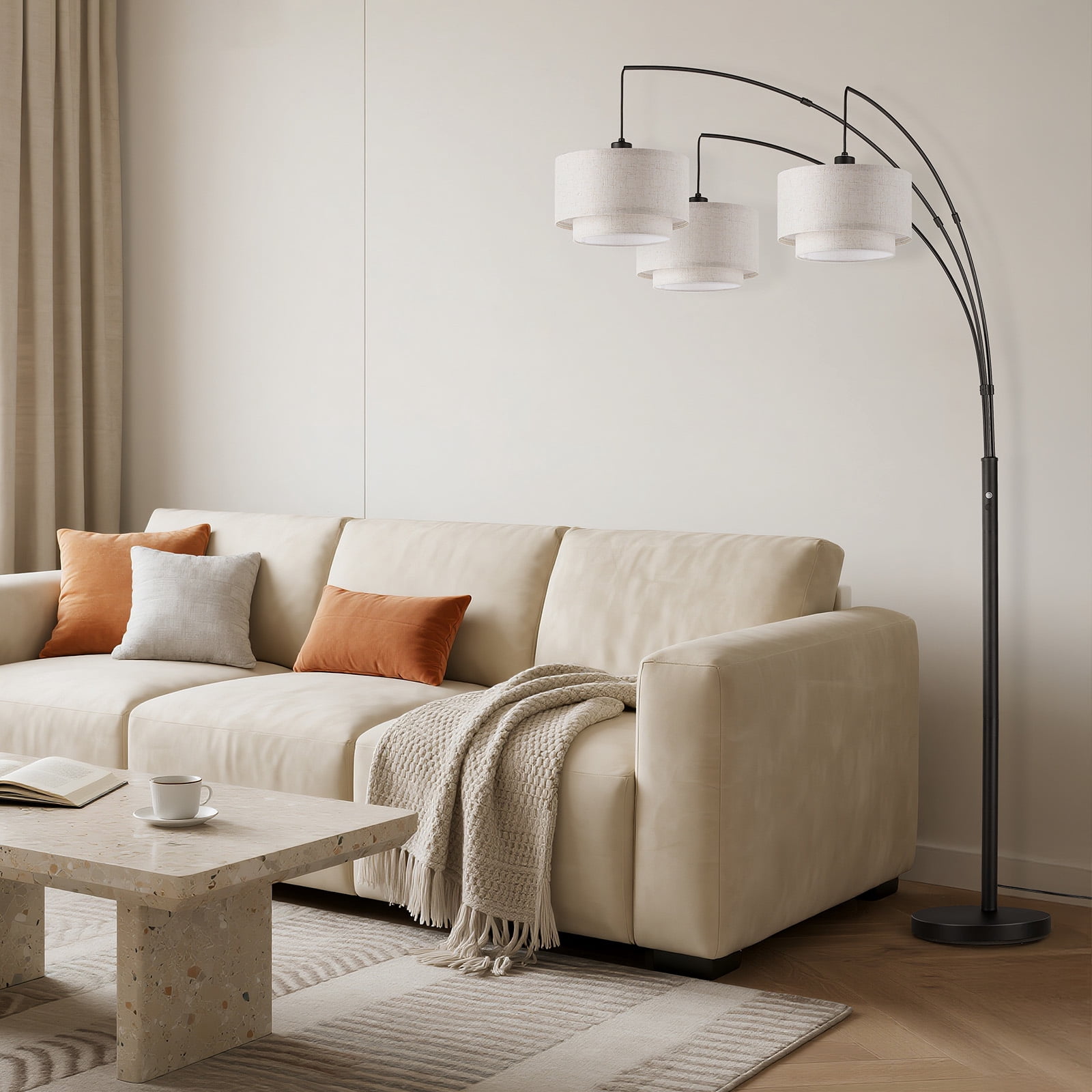 SUNMORY 3 Lights Tree Floor Lamp, 81.5" Tall Standing Lamp with Hanging Dual Drum Linen Shade, Modern Arc Floor Lamps with Heavy Base & 3 Bulbs, Mid Century Arched Floor Lamp for Living Room, Bedroom
