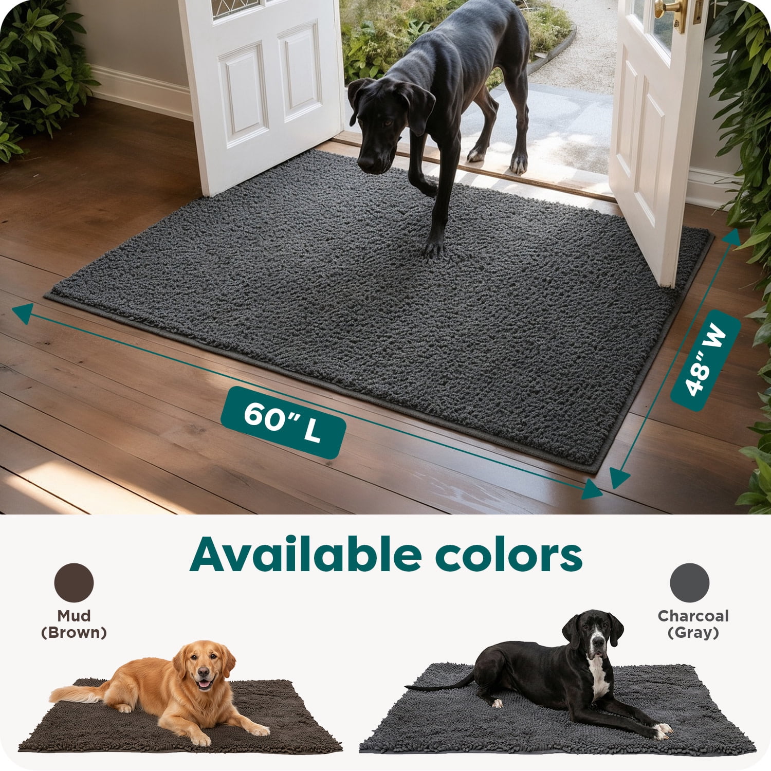 FurHaven Ultra Absorbent Dog Door Mat for Muddy Paws, Machine Washable with Non-Slip Backing for Cleaner Floors & Pet Safety, Jumbo Plus XXXL, Chenille Shammy Rug, Charcoal Gray