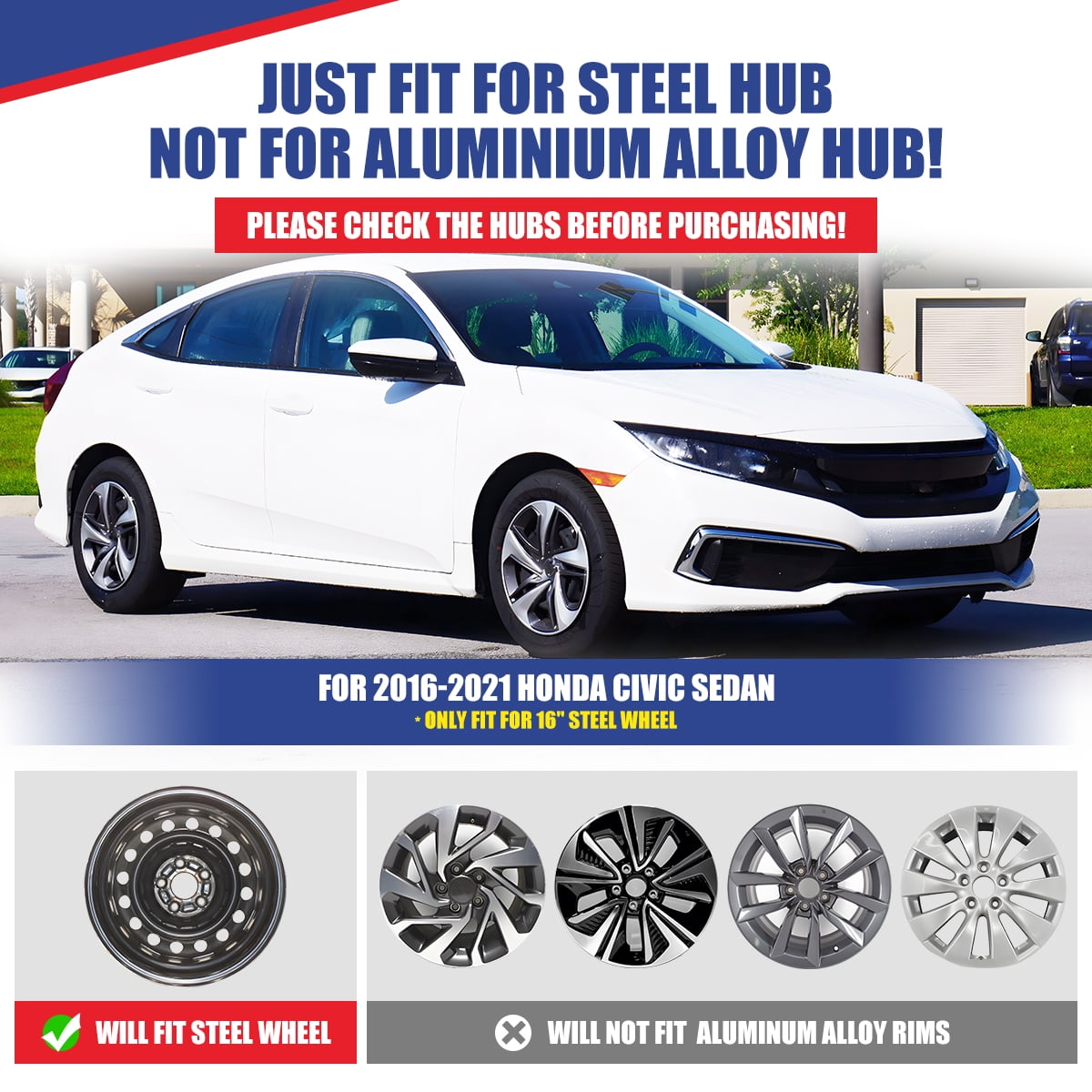 16" Set of 4 Hubcaps Wheel Rims Cover for 2016-2025 Honda Civic Sedan Compatible with Steel Wheels Snap on Installation(16-inch,Black Matte)