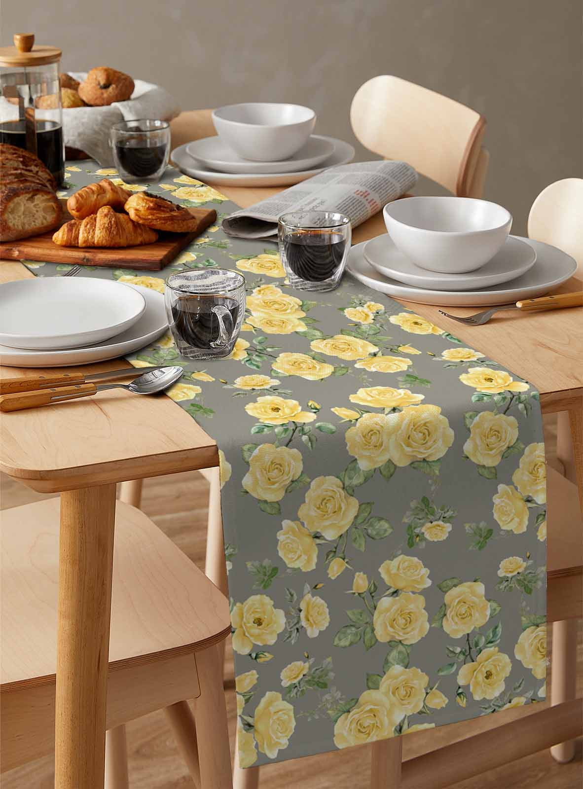 Yellow Floral Table Runner Cotton Linen 108 Inch Holiday Dresser Scarves, Farmhouse Garden Flowers Botanical Tablerunner for Kitchen Coffee Dining Bedroom Living Room Dinner Scarf Décor 13''x108''
