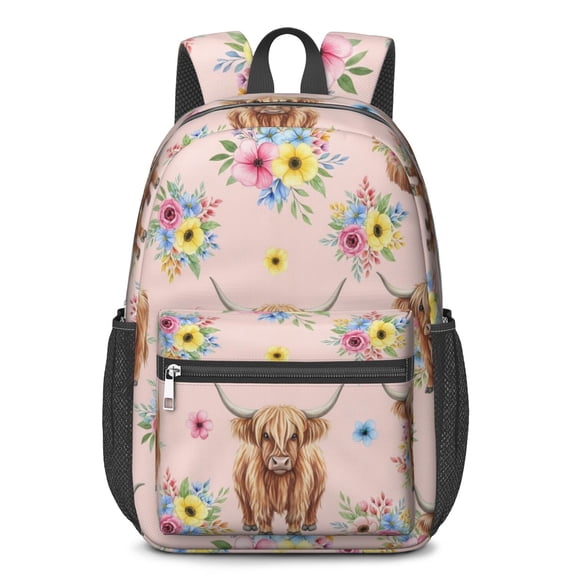 Highland Cow and Flower Print 17" School Backpacks for Teens,Waterproof Oxford Fabric,S-Shape Padded Straps for School,Travel,Hiking,Camping