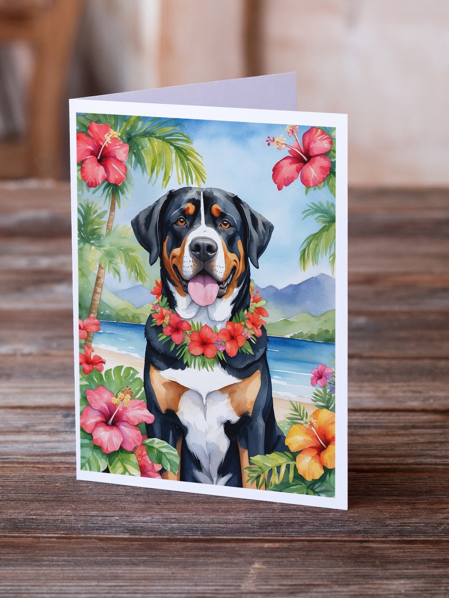 Greater Swiss Mountain Dog Luau Greeting Cards Pack of 8 7 in x 5 in