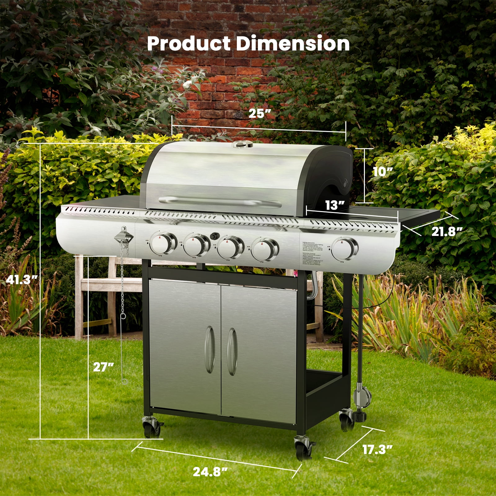 4-Burner Propane Gas BBQ Grill with Side Burner, Porcelain-Enameled Cast Iron Grates, and Baking Pan (42,000 BTU). Ideal for Outdoor Cooking and Patio Barbecues.