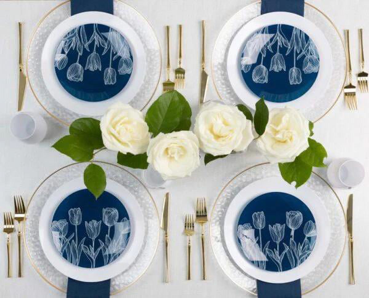 VeZee 128 Servings 256 Piece Combo Navy & White Tulip Round Plastic  Dinnerware Set for Elegant Parties, Weddings 