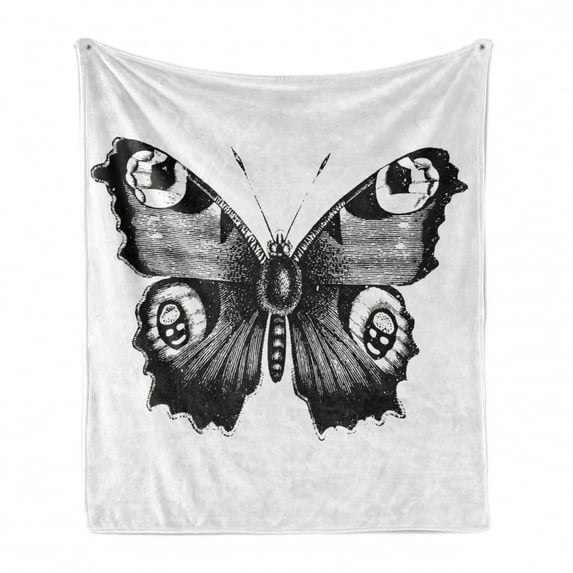 Black and White Soft Flannel Fleece Throw Blanket, Vanessa Peacock Butterfly Vintage Style Wildlife Theme Nature Artwork, Cozy Plush for Indoor and Outdoor Use, 70" x 90", Black White, by Ambesonne