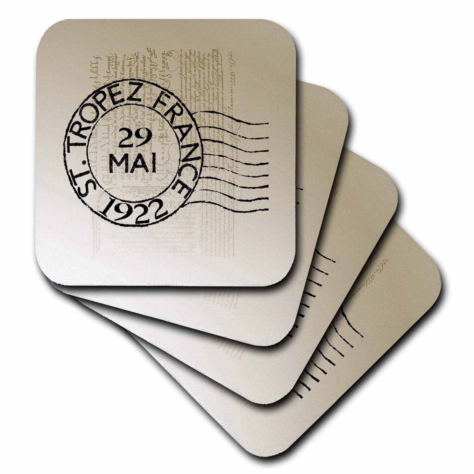3dRose St. Tropez Vintage French Art Postage Stamp, Soft Coasters, set of 4 by 3dRose