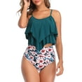 thumbnail image 4 of 2 Piece Tummy Control Swimsuits for Women Double Ruffled High Waisted Tankini Bathing Suits Blue Pink Flower S, 4 of 8