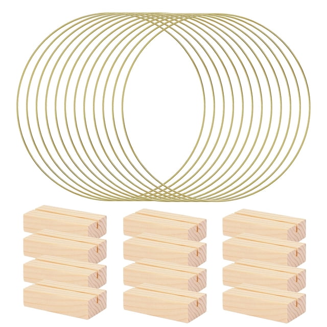 12 Pack 12 Inch Metal Floral Hoop Centerpieces with 10 Wooden Table Stands, Gold Metal Rings for Making Wedding Table Wreath Decorations, Wreaths for