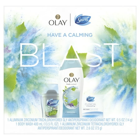Secret Invisible Solid Calm Birch Water + Clinical Strength Smooth Solid Light & Fresh + Olay Fresh Outlast Body Wash Birch Water & Lavender, Gift Pack