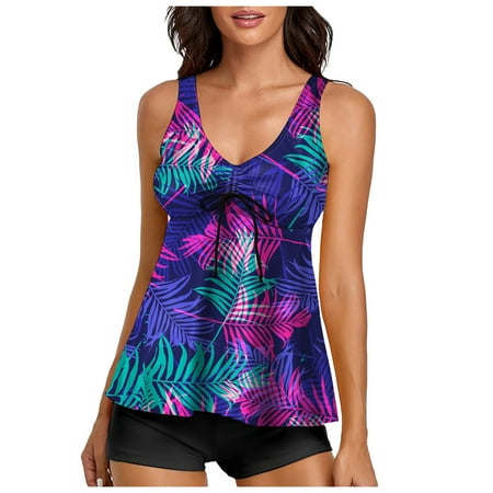 Tankini Swimsuits for Women Tummy Control Two Piece Bathing Suits Summer Tankini Swimwear Flowy Tank Top with BoyShorts