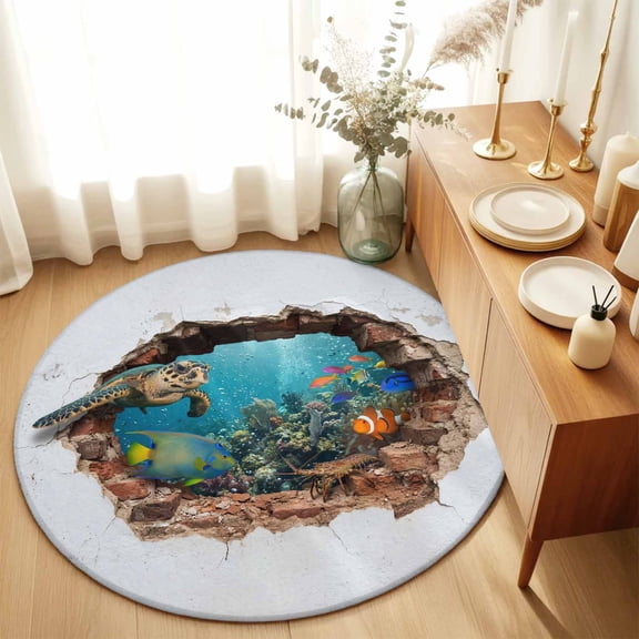 Round Rugs 4Ft, 3D Ocean Round Area Rug Washable Indoor Throw Carpet, Modern Abstract Nature Optical Illusion Underwater Soft Non Slip Circle Rug for Kitchen Nursery Room Home Decor Aesthetic