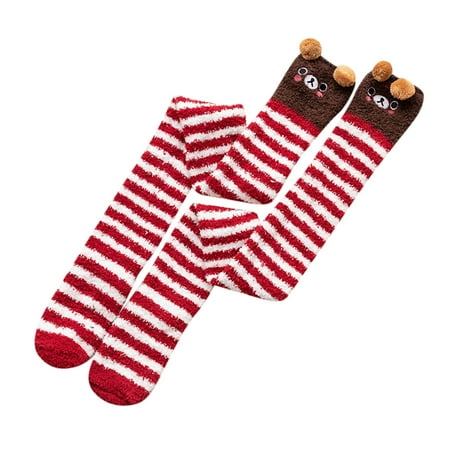 

kpoplk Christmas Socks Women Womwn Coral Socks Over The Knee Thicken Warm Sleeping Towel Striped Socks(Brown)
