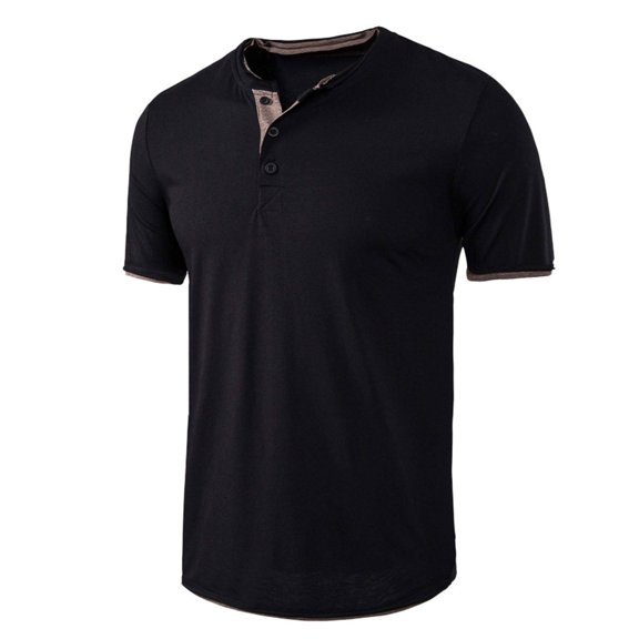 Yoodem Mens Shirts Men's T-shirts Fashion Men's Baggy Solid Short Sleeve Button O-neck T Shirts Tops Blouses Shirts for Men Black L