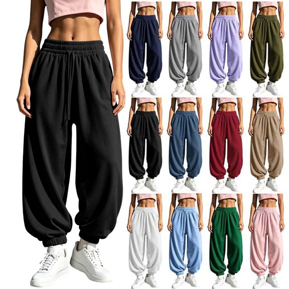 Women Drawstring Elastic Waist Fleece Lined Jogger Pants Soft Loose Cuffed Ankle Sweatpants with Side Pockets Solid Color Warm Casual Trousers for Fall