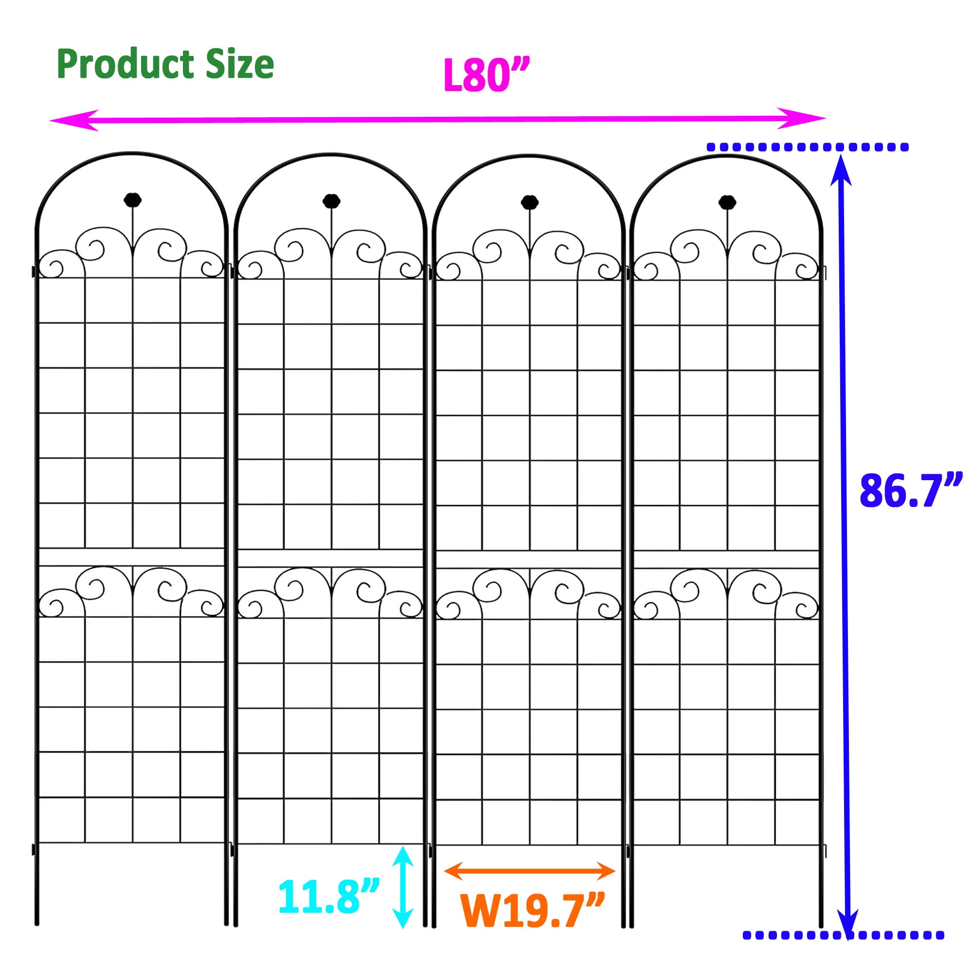 CQSXDA 4 Pack Large Garden Trellis 86.7"H x 19.7" W Heavy Duty Rustproof Black Iron Plant Trellis for Potted Plant Support Metal Climbing Rose Trellis Vine Vegetable Cucumber