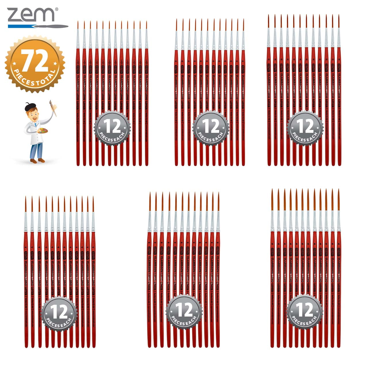 ZEM Brush Mfg CLB-6 Classroom Artist Paint Brush Box Set Long Liners - 72 pcs