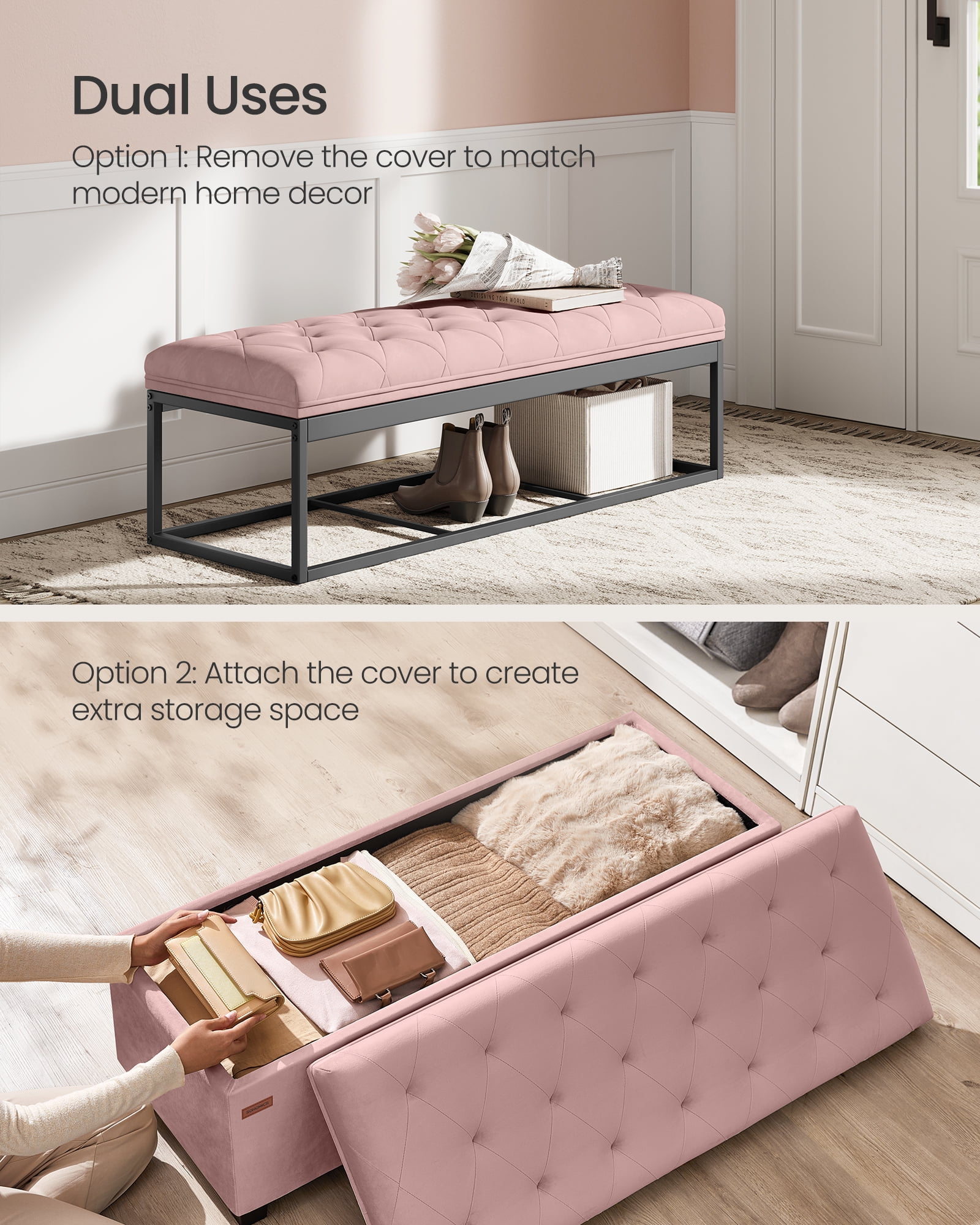 SONGMICS 43" Storage Ottoman Bench End of Bed Bench Pink Ottoman with Storage Load up to 660 lb for Living Room Bedroom