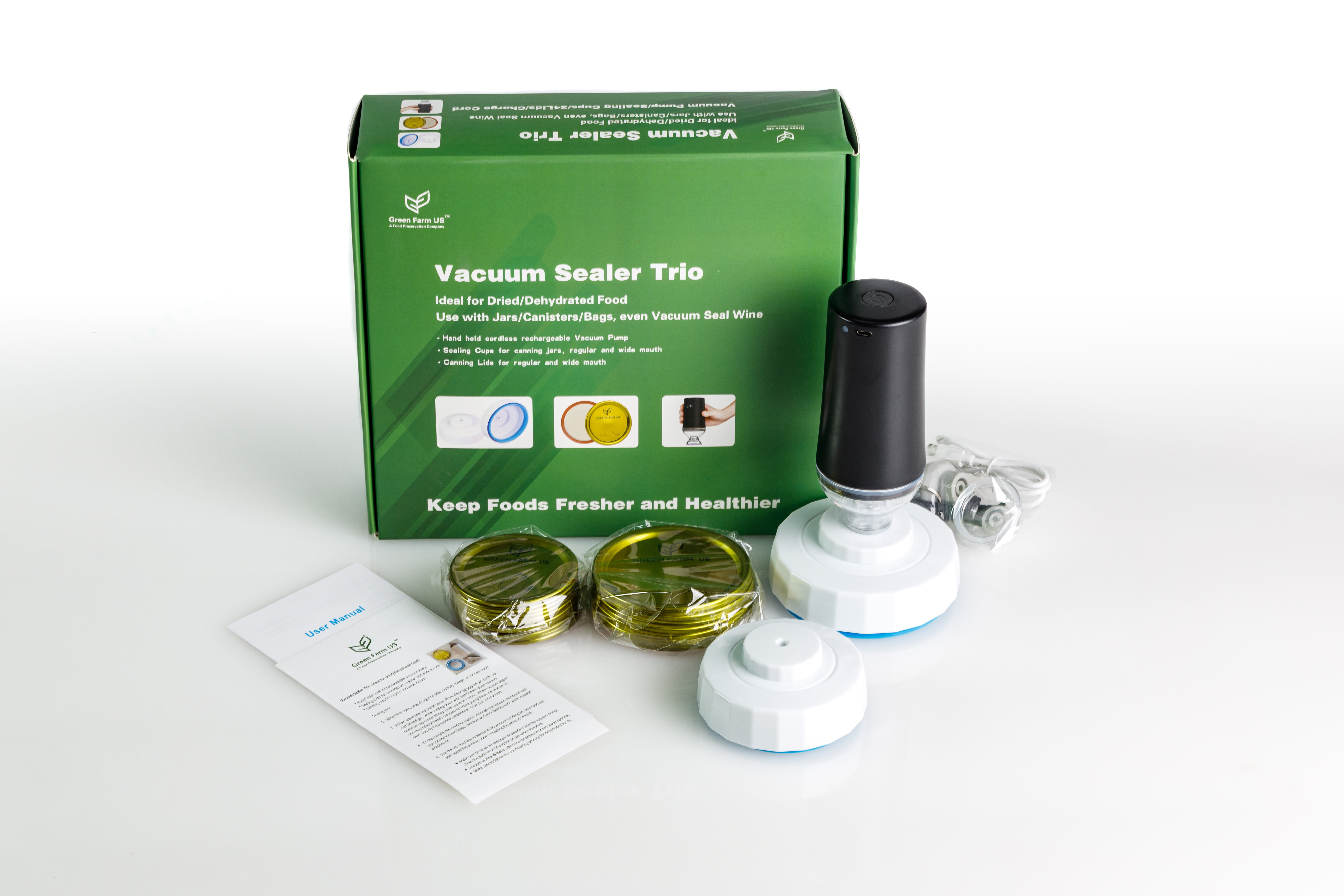 Green Farm US Handheld Vacuum Sealer for Vacuum Sealers, Gold with Rechargeable Pump, Lids, and Seal Cups