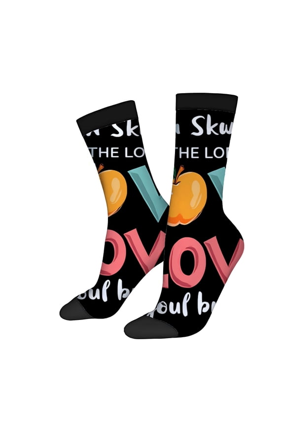 Unisex Trendy Socks (2 Pairs) - Colorful ' LOVE ' Design with Apples Black Background Perfect for All Seasons