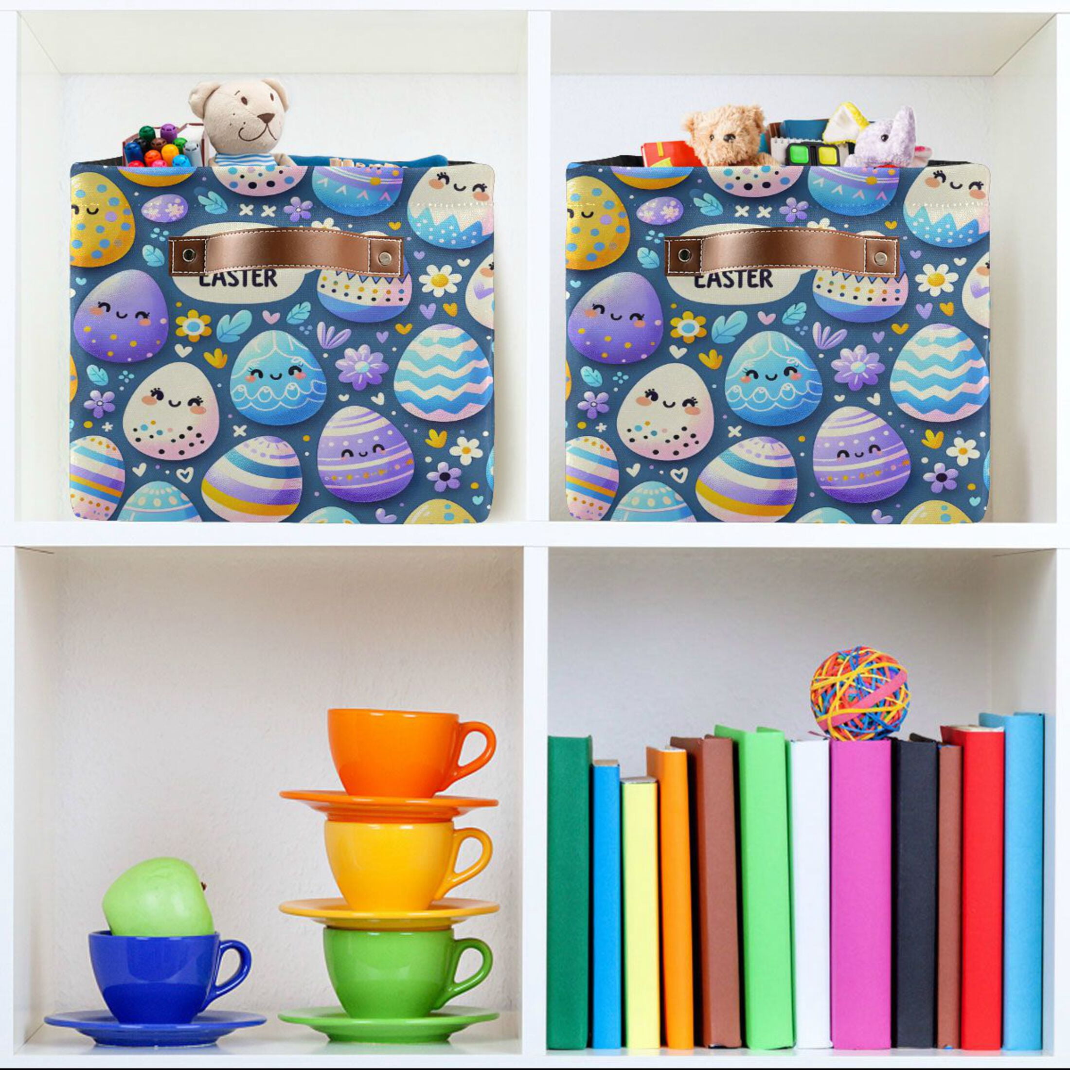 Easter Cute Egg Storage Bins with Handle Fabric Organizer Basket Foldable Box 2 Pack 14.2x10.2x8.3