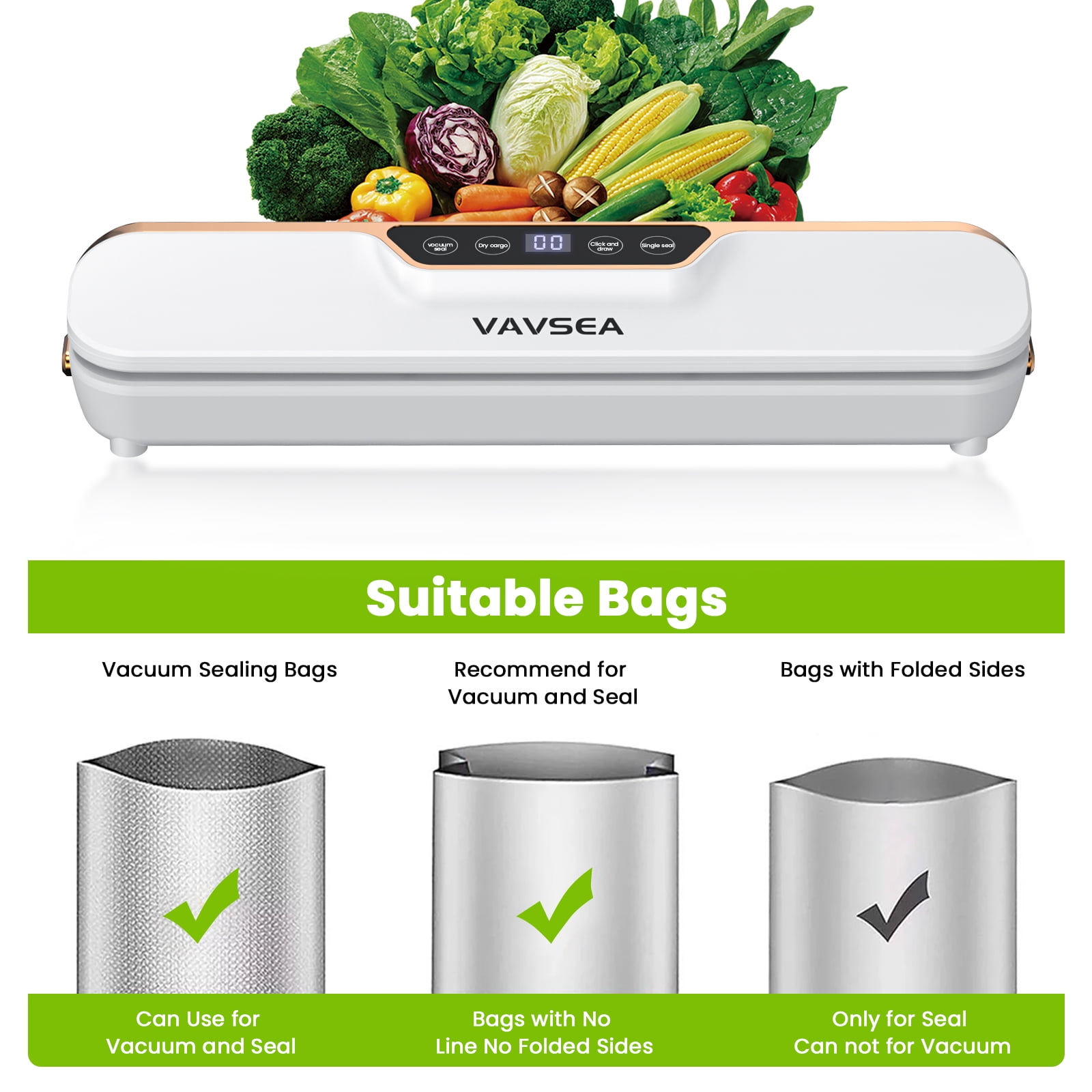VAVSEA Vacuum Sealer, 62Kpa Food Sealer Machines with 4 Modes, Dry/Draw/Seal/Vac and 10Pcs Bags Starter Kit for Dry & Moist Food Storage Sous Vide for Kitchen