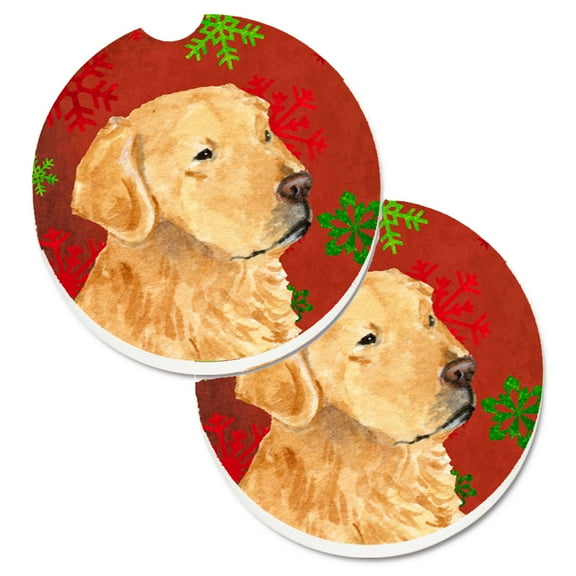 Golden Retriever Red Green Snowflake Holiday Christmas Set of 2 Cup Holder Car Coasters
