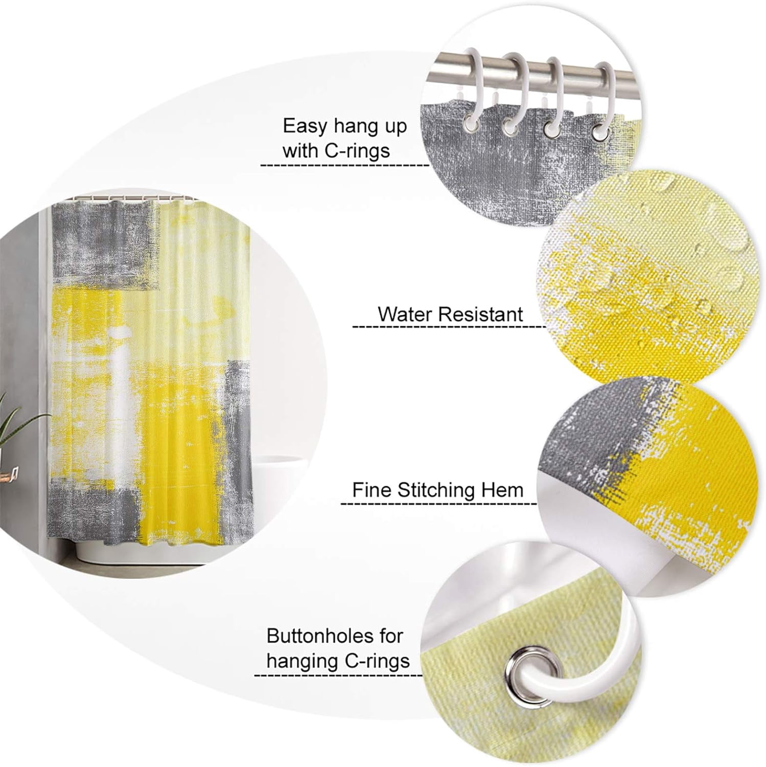 Yellow Ombre Shower Curtain Lightweight Gold Grey Yellow Shower Curtains with 12 Hooks Yellow Abstract Art Waterproof Bath Curtain for Bathroom,Mustard Yellow Grey Bathtub Decor 36 X 72 Inch