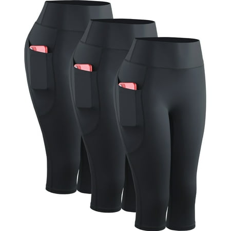NELEUS Womens Yoga Capris Leggings For Workout With Pockets Tummy Control High Waist,Black+Black+Black,US Size XL