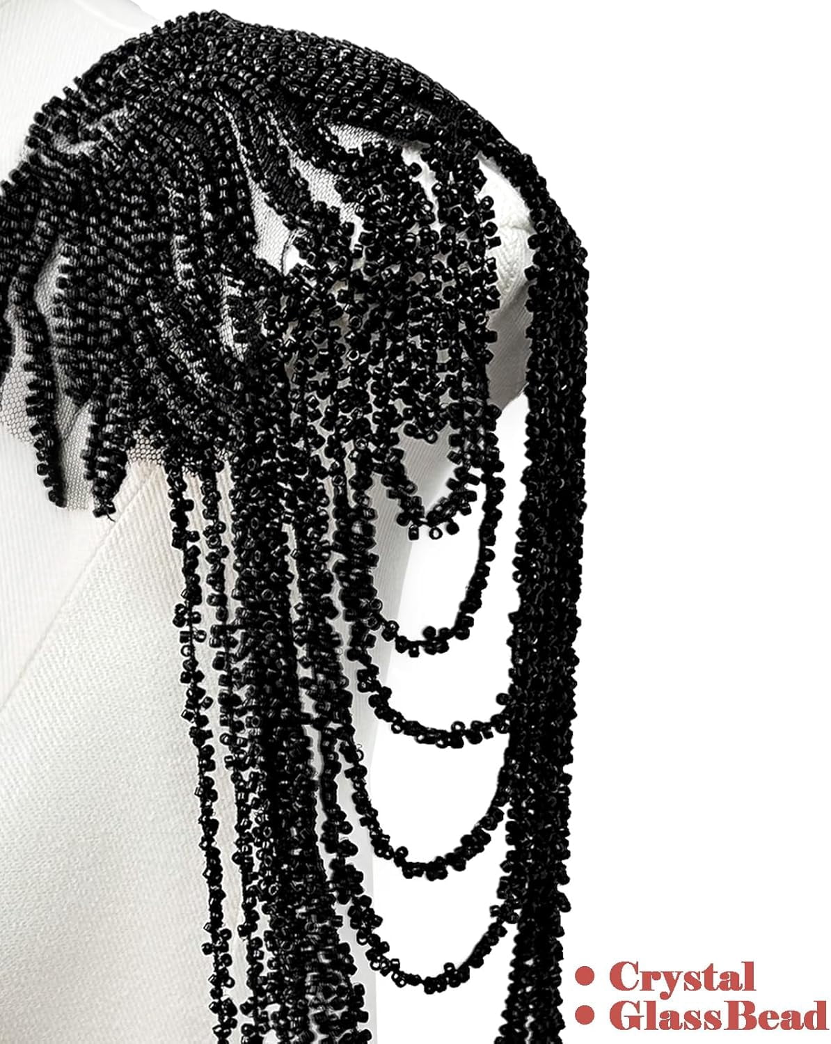 ABPETE 1 Pair Handmade Rhinestone Applique for Clothes, Sparkle Crystal Sewing Patches for Wedding Dress, Glass Beads Fringe Epaulettes for Shoulder Bodice Jacket Party Embellishment (Black)
