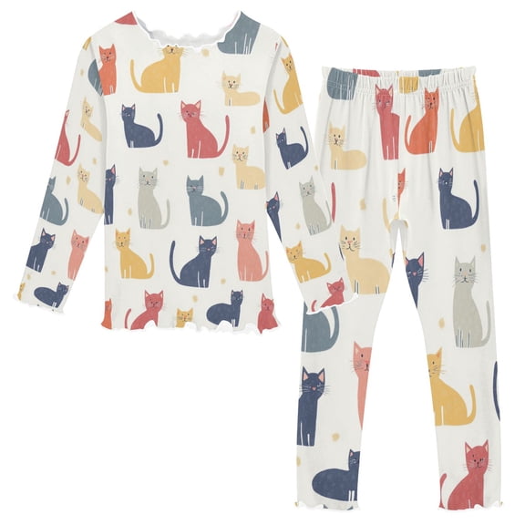 Girls Pajama Set with Long Sleeve Shirt and Pants Soft Thermal Sleepwear Cat Pattern 2T