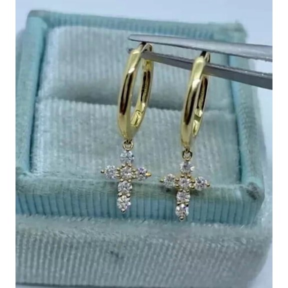 Drop/Dangle Cross Earrings 2 Ct Moissanite Round Cut 14K Yellow Gold Plated