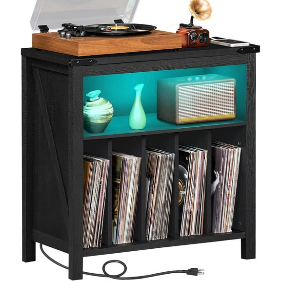 Large Record Player Stand with Charging Station & LED Lights, Vinyl Records Storage Holder Cabinet Holds up to 230 Albums, Turntable Stand for Music Room, Bedroom, Living Room, Office (Black)