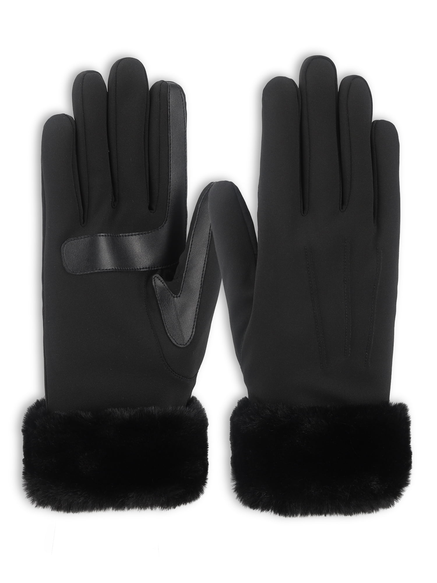 Isotoner Women's Ultraplush Spandex Gloves with Faux Fur Cuff, Black, L/XL