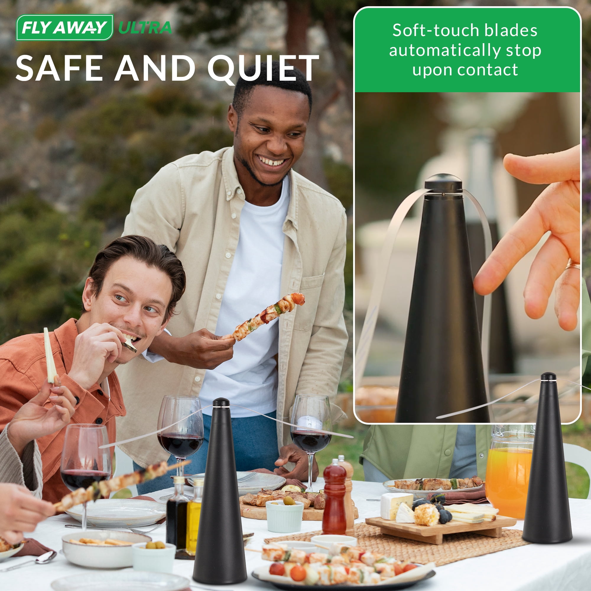 Fly Away Ultra - 2 Pack Rechargeable Outdoor Fly Fans for Tables with Ultrasonic Protection. Deter Flies and Other Flying Insects and Bugs From Meals