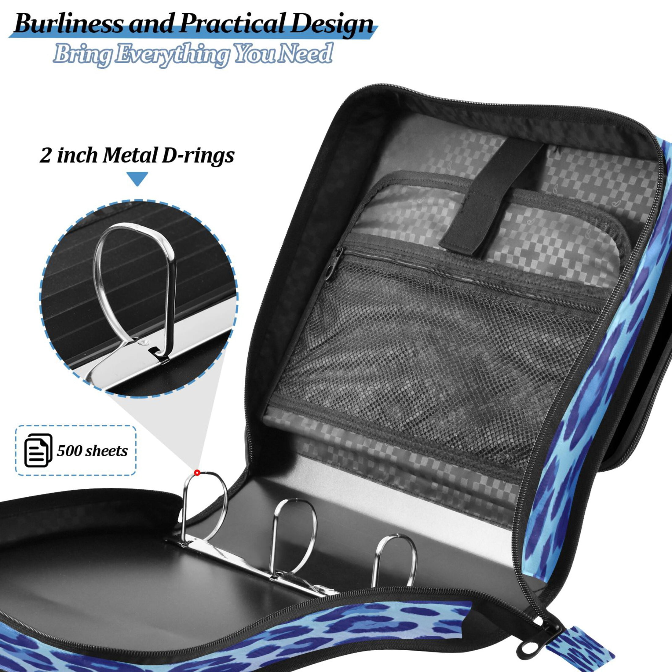 3 Ring Zipper Binder Stationery Organizer for Study Work Home Travel, All-Purpose File Folder Storage Bag for Daily Document Organization Ocean Blue Cheetah Print Pattern