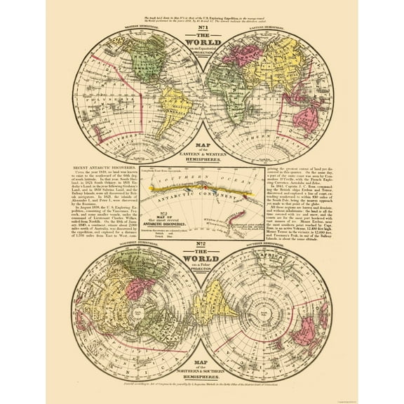 Historic Map - Equatorial Polar Projections - Mitchell 1839 - 23 x 29.73 - Vintage Wall Art