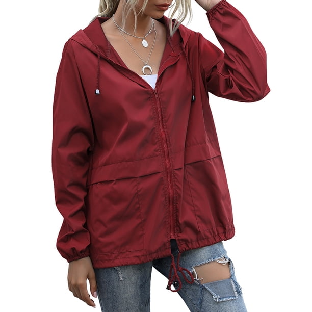 Impermeables para Mujer, Impermeables, Resistentes Al Viento, Ajustables, con Capucha y Bolsillos. Vino Tinto S