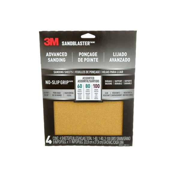 3M™ SandBlaster™ Advanced Sanding Sanding Sheets 20001-CM-G-4, with NO-SLIP GRIP, Assorted Grit, 9 in x 11 in, 4/Pack