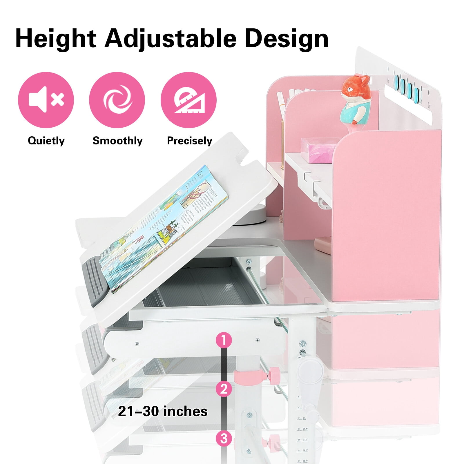 Adjustable Height Ergonomic Kids Study Desk & Chair Set Children Students Drafting Table Home School with Shelf,Drawer(Pink)
