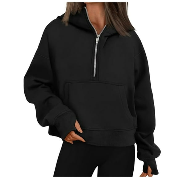 Aocisk Women's Fashion Casual Zipper Hoodie Long Sleeve Loose Solid Color Pullover for Streetwear and Daily Comfortable Outdoor Activities Black M