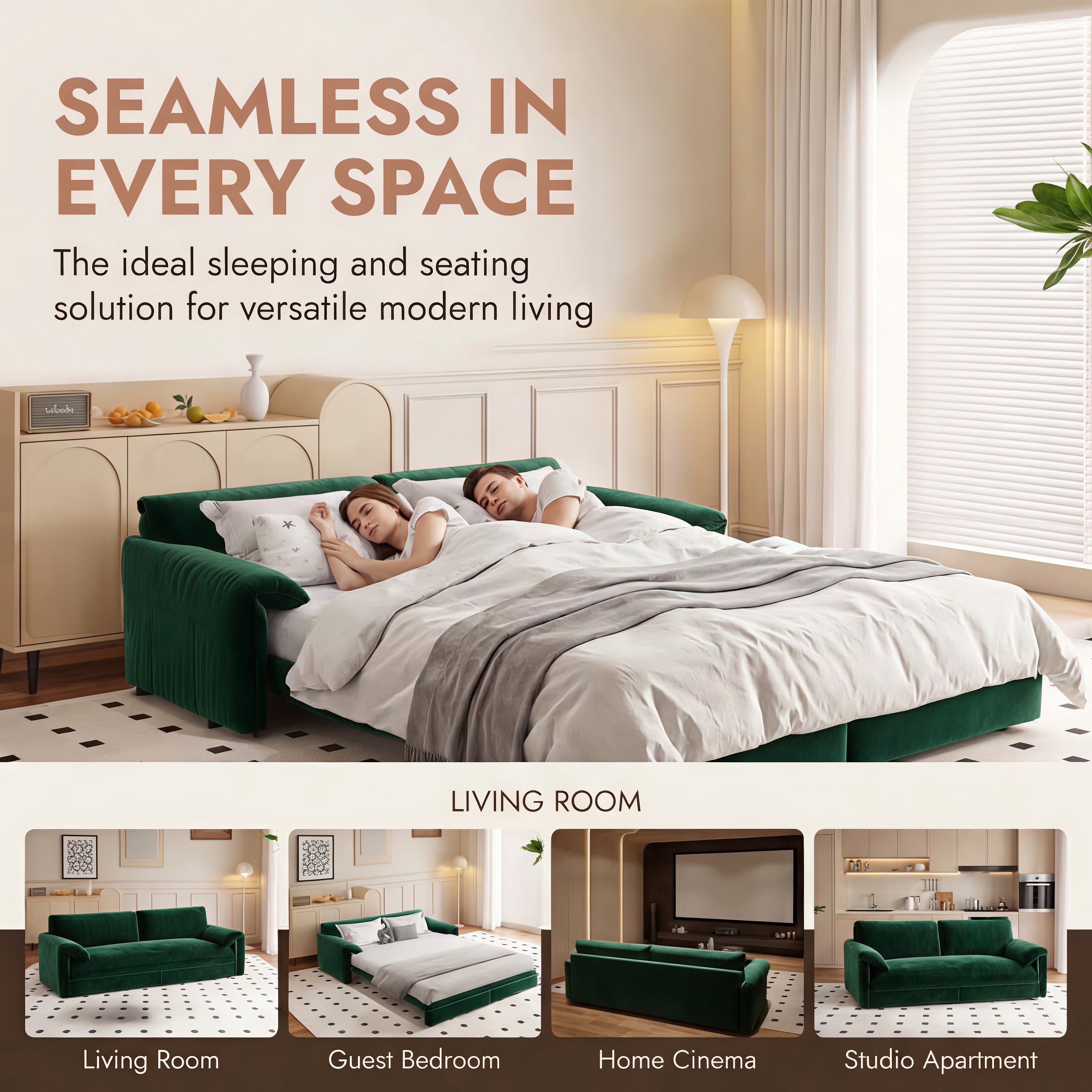 3-in-1 Queen Pull Out Sofa Bed, 66" Velvet Convertible Sleeper Couch with Deep Seat & Storage Pocket, Modern Folding Futon Sofa Bed, Green