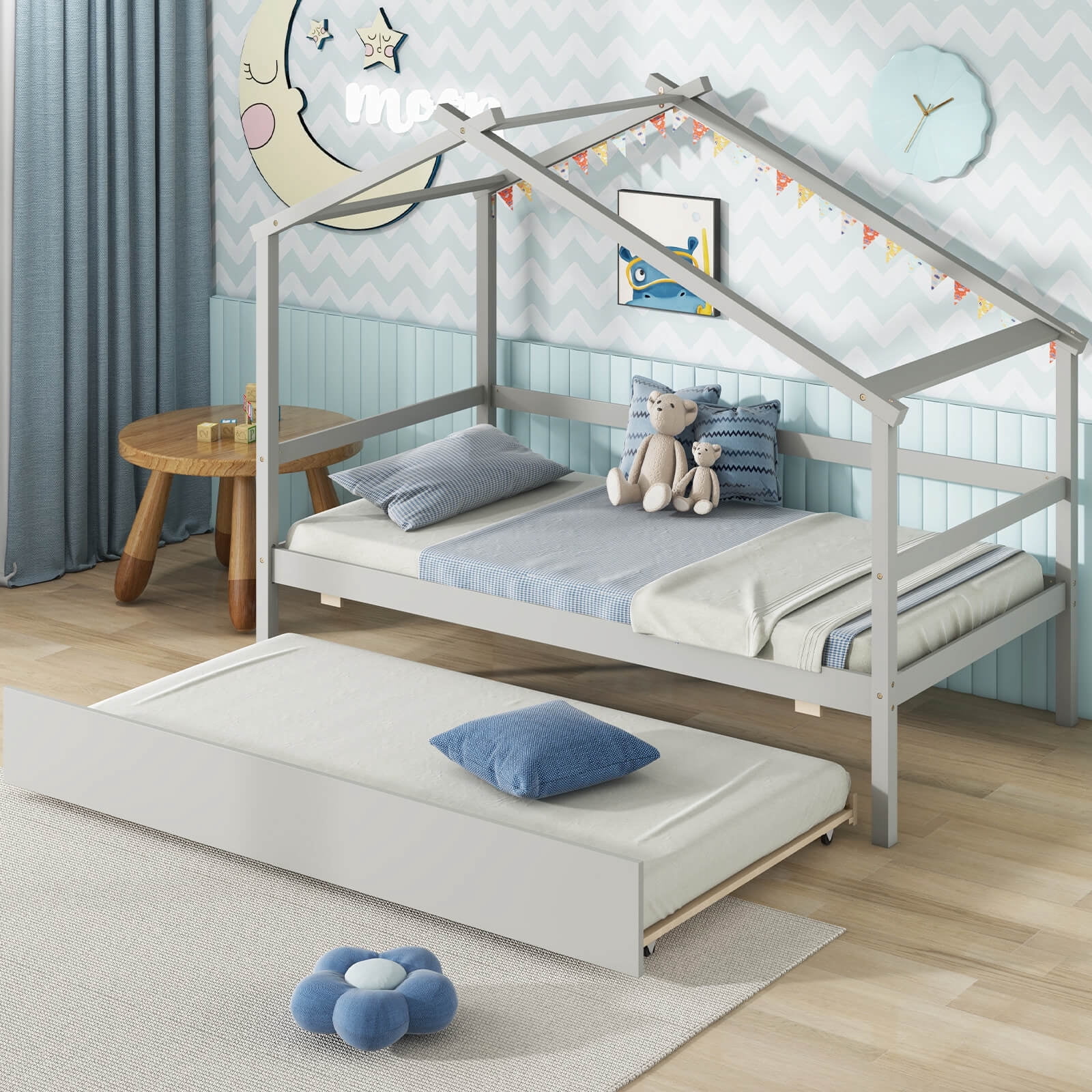 Infans Twin House Bed with Trundle with Roof and Fence Rails Wooden Platform Bed Frame